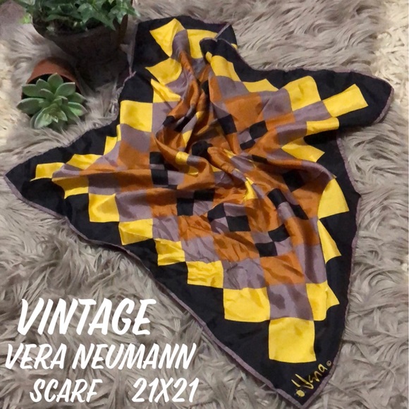 Vintage Vera Neumann Scarf-21x21-Black/Yellow/Mustard-EUC - Picture 1 of 10